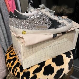 Kids golden goose sneakers superstar 31 silver glitter black star $315